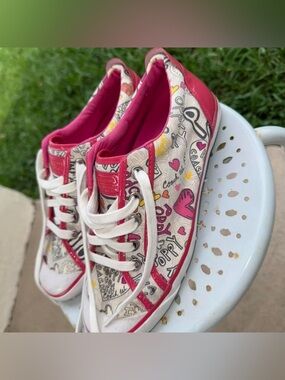 Coach White Canvas Sneakers with Pink and Yellow Doodle Accents
